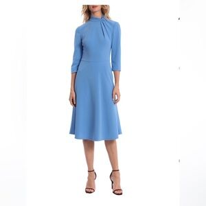 Blue A-Line Mock Neck Dress with Cuffed Sleeves